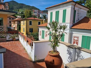 Ein Terrakotta-Topf mit einer Pflanze auf einem Balkon, mit Blick auf eine Reihe farbenfroher Häuser mit grünen Fensterläden und einer Bergkulisse.