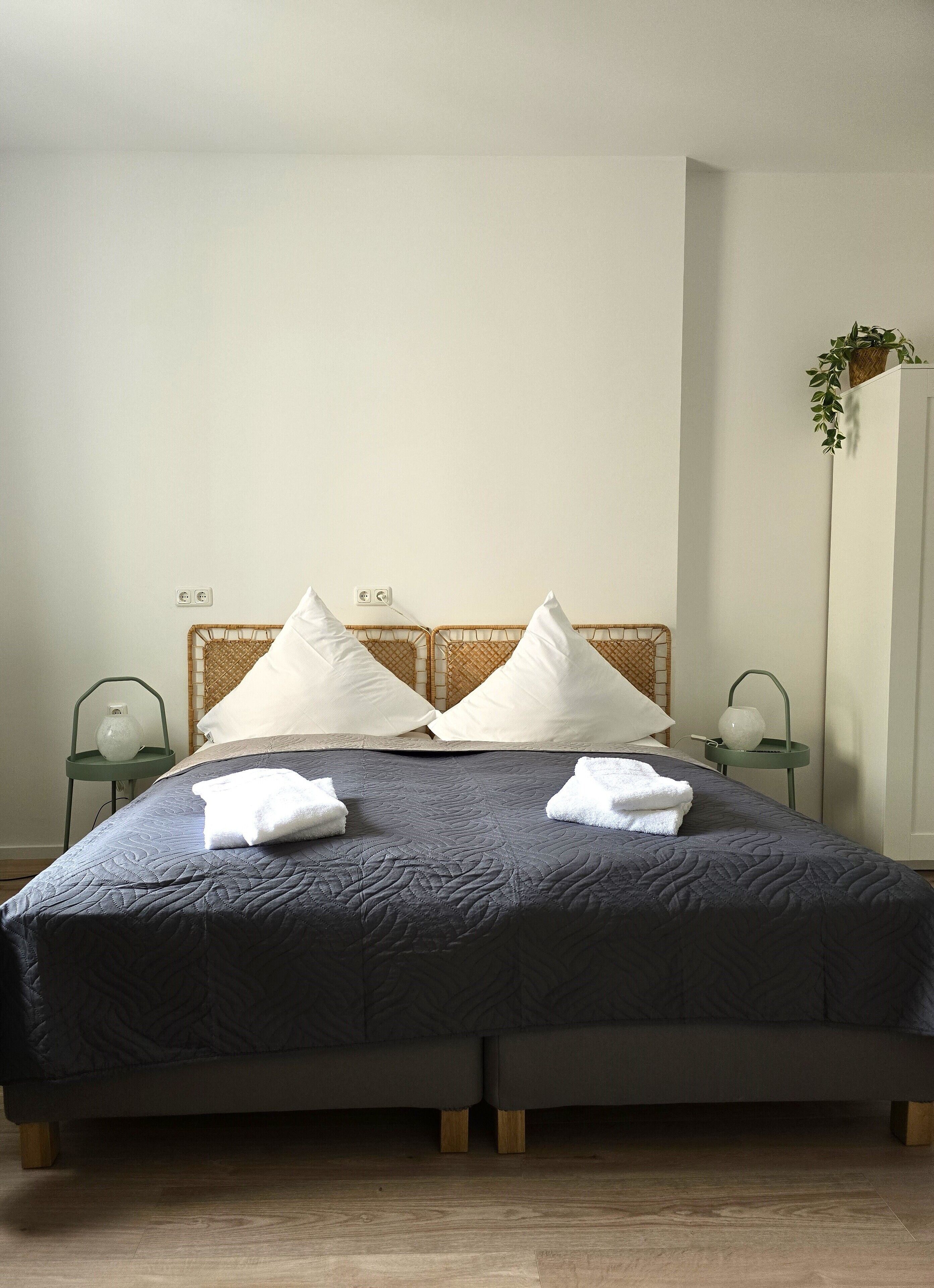 Una cama bien hecha con un edredón oscuro, dos almohadas blancas y dos toallas dobladas. Hay dos mesitas de noche con lámparas y una pequeña planta en maceta a la derecha.