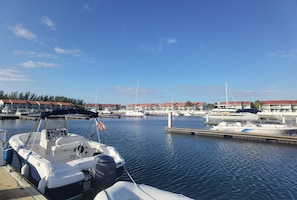 Boats docked at the marina, surrounded by buildings with red roofs.