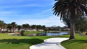 Een golfbaan met een zandbunker, een vijver en palmbomen.