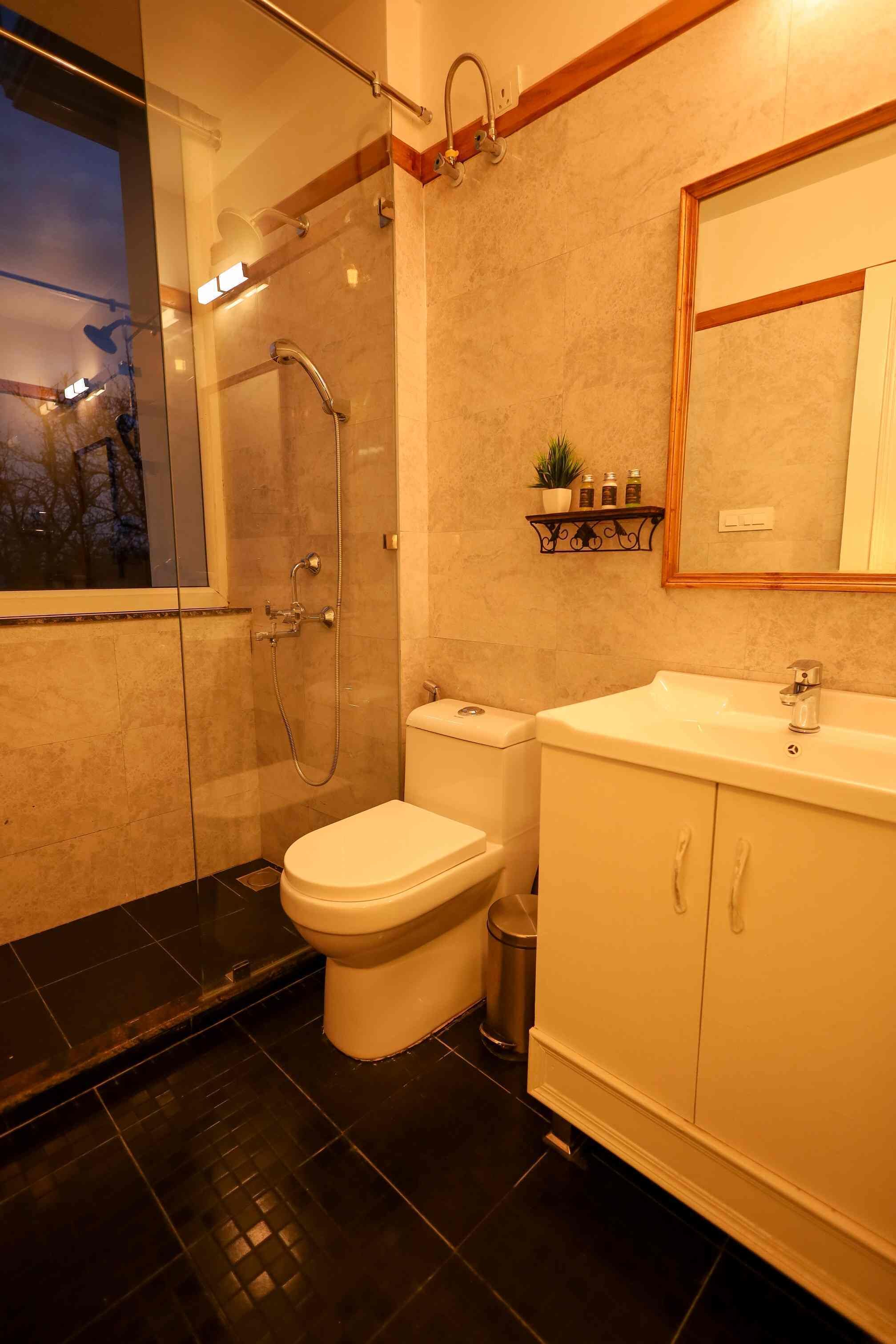 A modern bathroom with a glass-enclosed shower, a toilet, and a vanity with a mirror.