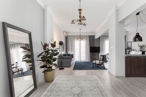 City Apartment, 2 Bedrooms | Living area | 40-inch Smart TV with cable channels - Pumpkin by halu' Lux 2BD-apartment (Thessaloniki)