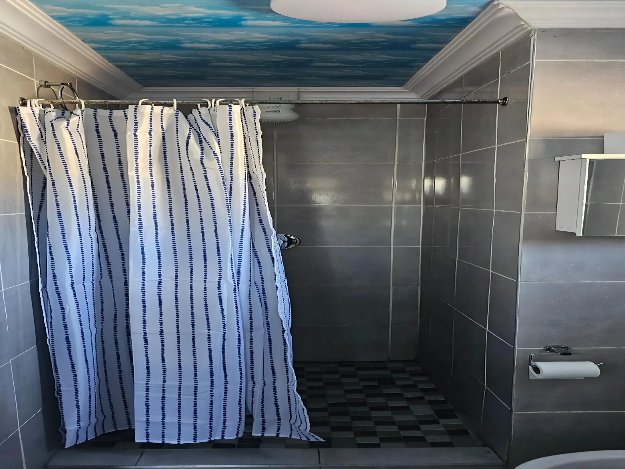 Ein Badezimmer mit Duschvorhang, Fliesenwänden, einem Schachbrettfußboden und einem Toilettenpapierhalter.