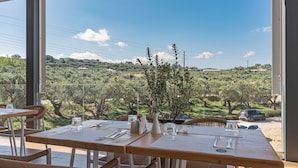 Ein Restaurant mit Holztischen und Korbstühlen, mit Blick auf Olivenbäume und Hügel im Hintergrund.