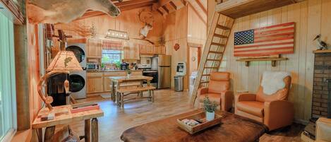 Smart TV, fireplace, DVD player, books