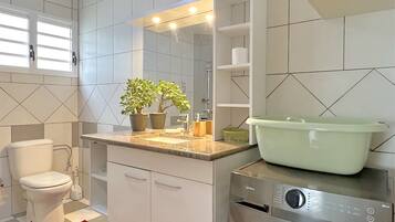 Shower, hair dryer, towels, soap