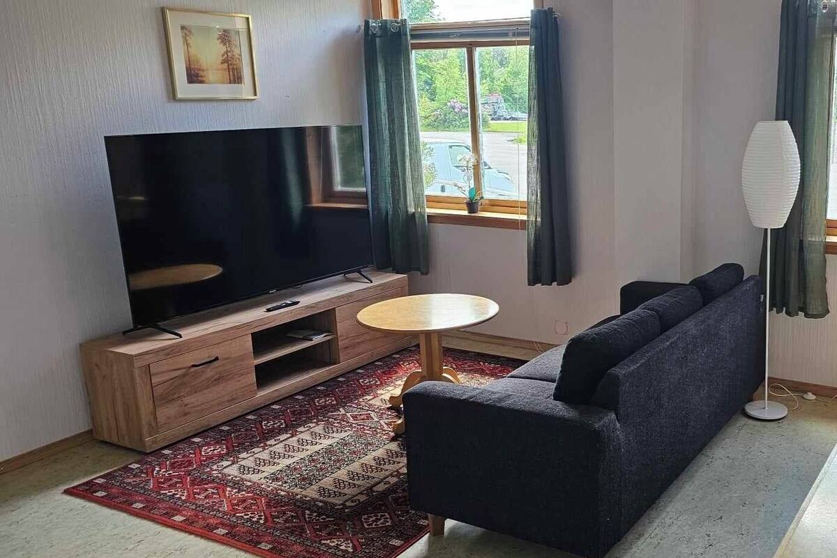 A living room with a flat-screen TV, a dark sofa, a small round table, and a patterned rug.
