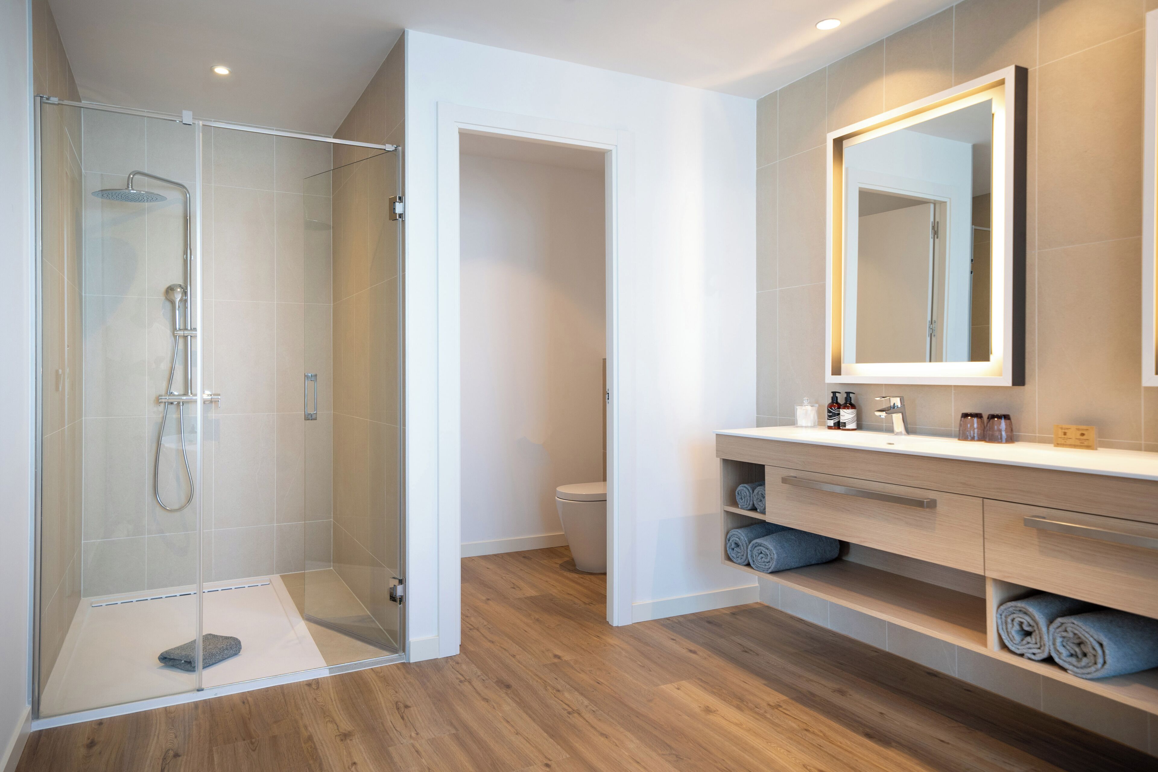 A modern bathroom with a glass-enclosed shower, a toilet, and a vanity with a mirror.