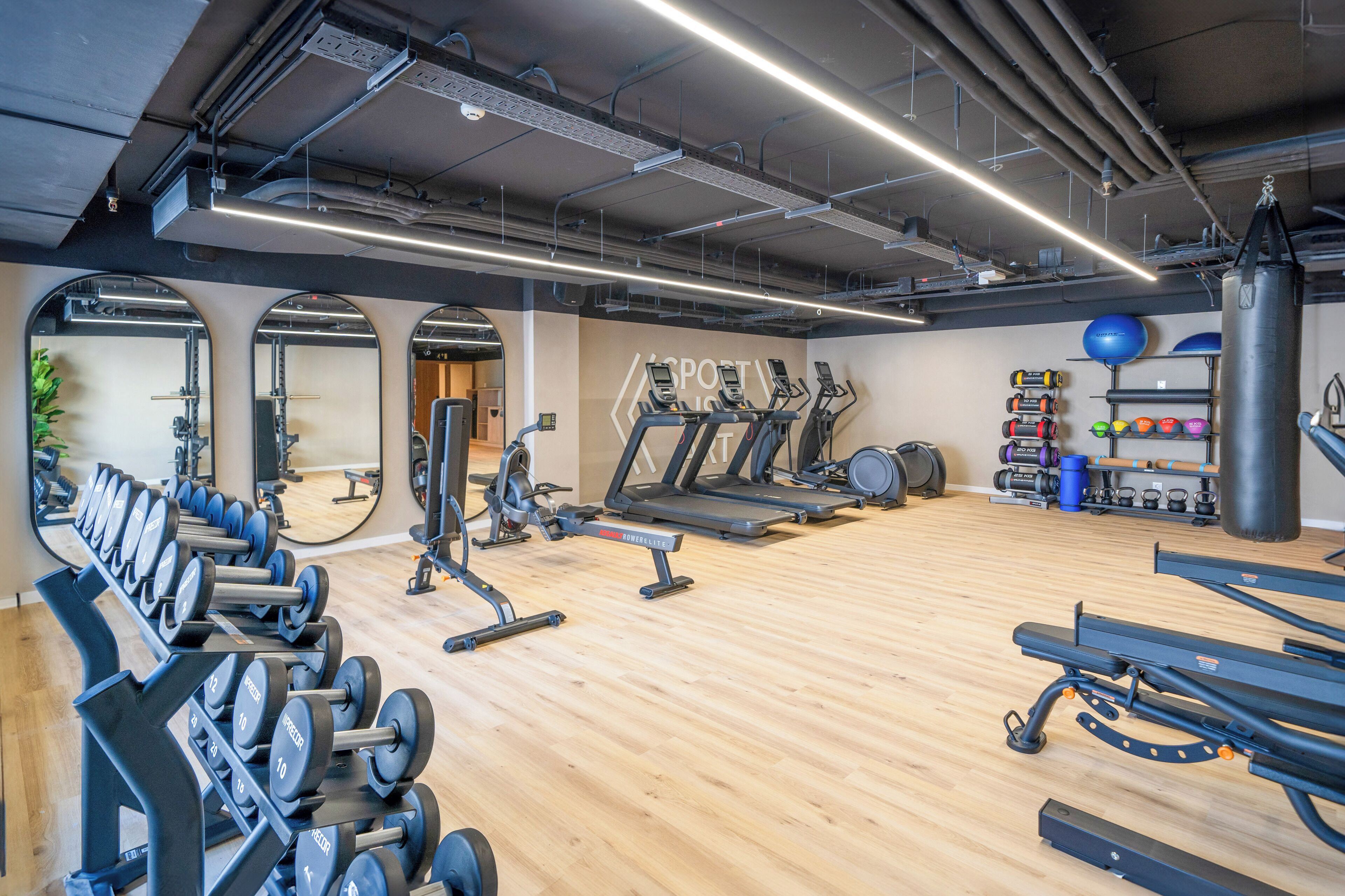 A gym with treadmills, dumbbells, and exercise balls.