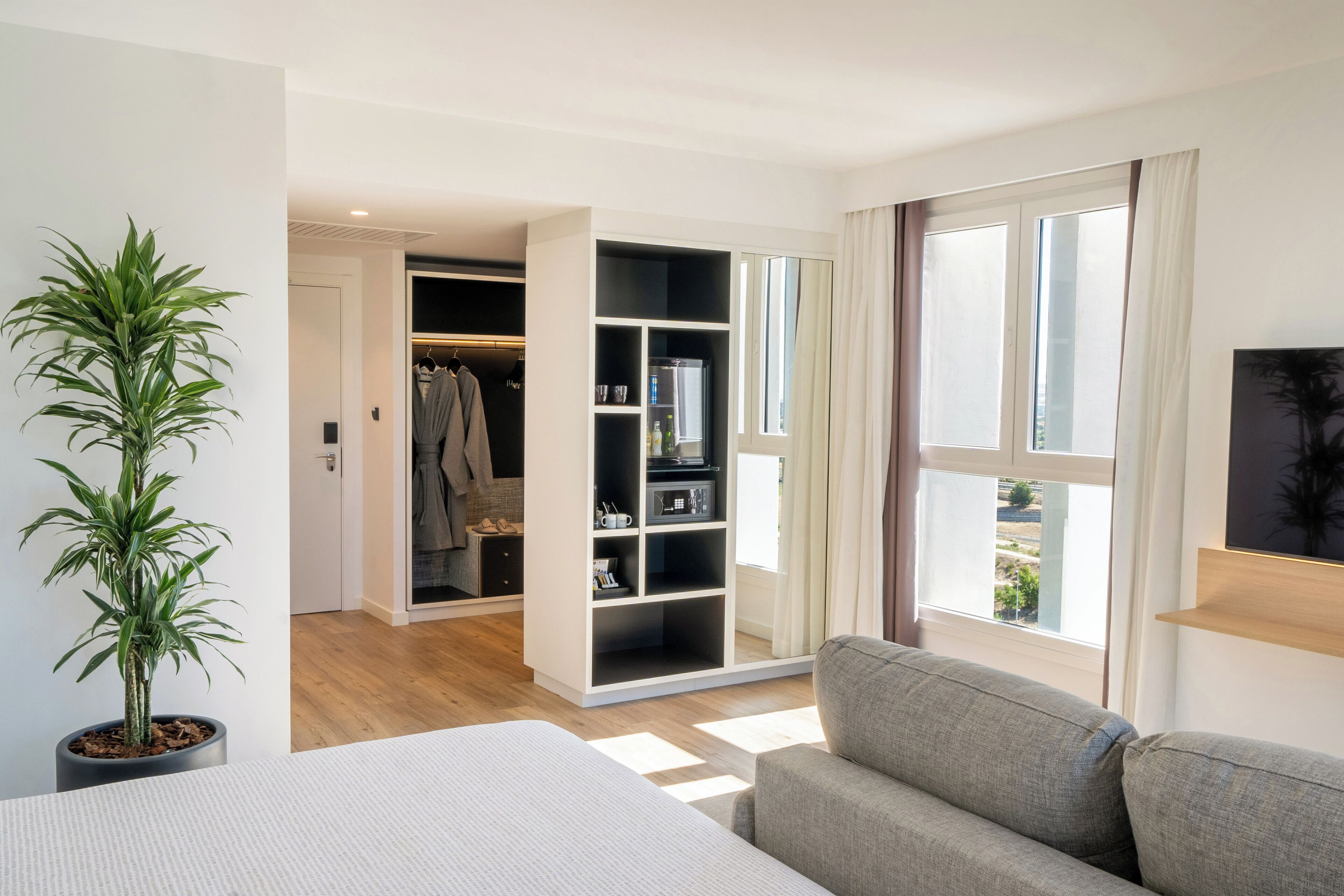 Une chambre d’hôtel moderne avec un canapé gris, une grande fenêtre, une armoire avec des étagères et une plante en pot.