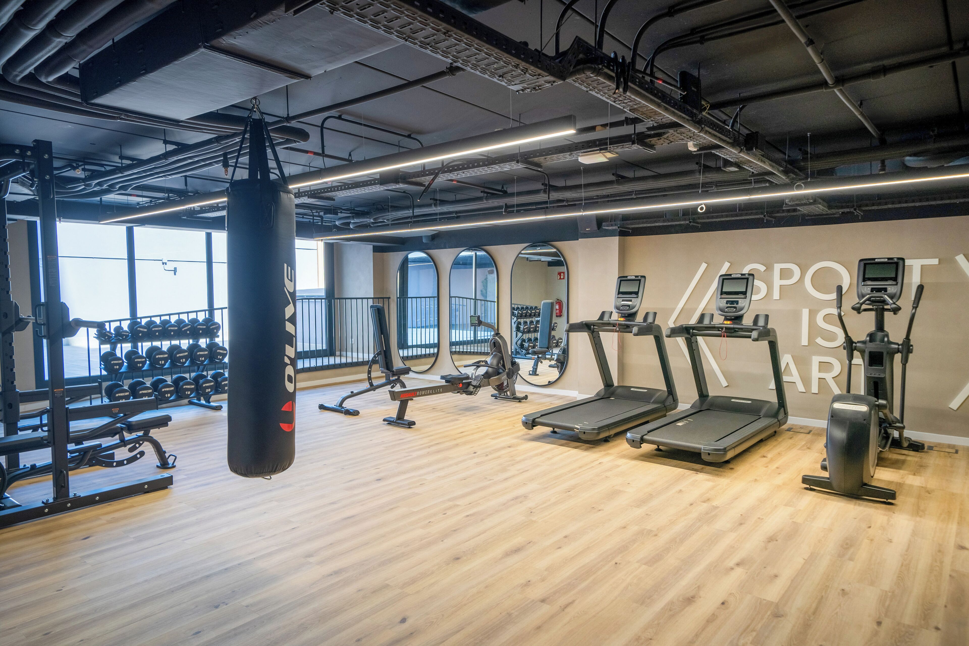 Un gimnasio con cintas de correr, un saco de boxeo y máquinas de pesas.