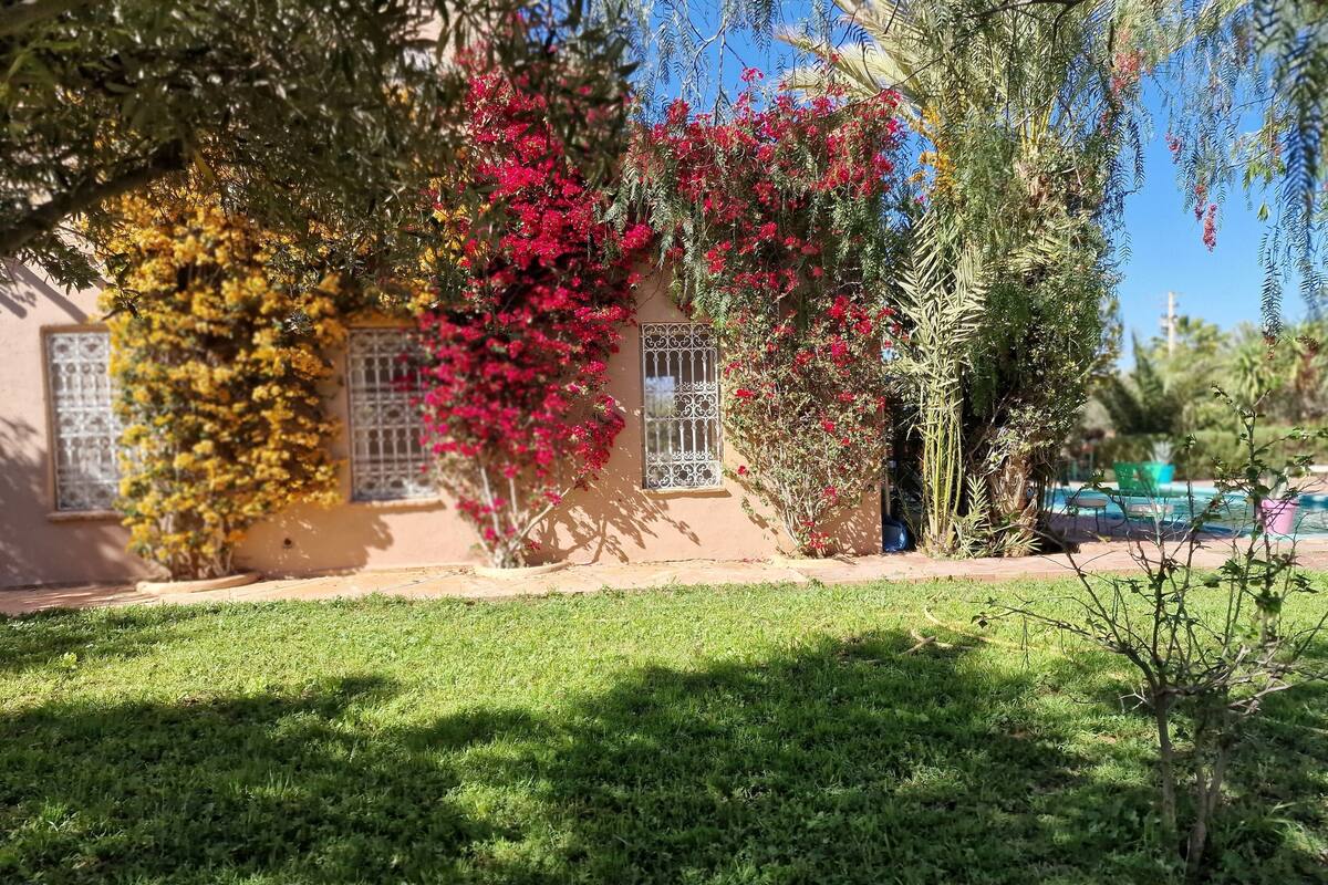 A house with a well-maintained lawn, a pool area, and various flowering plants.