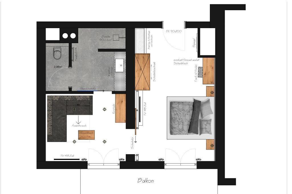 Plano de planta de un hotel con balcón, baño, sala de estar y dormitorio.