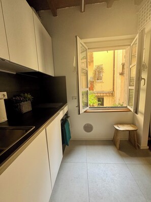 Fridge, microwave, oven, stovetop