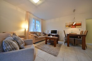 TV, DVD player, books, music library