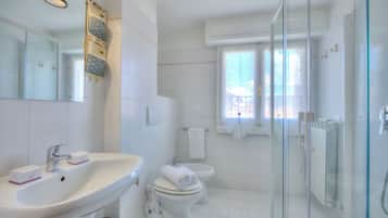 Shower, hair dryer, bidet, towels