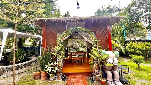 Un jardin avec un banc en bois, des plantes en pot et une pergola décorée de guirlandes lumineuses.