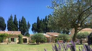 A property with a stone facade, a well-maintained lawn, and lavender bushes. - Le Mas Des Chutes (Graveson)