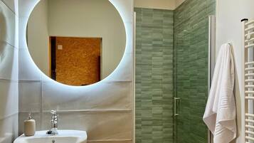 Shower, hair dryer, towels