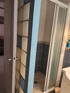 Shower, towels, soap, toilet paper