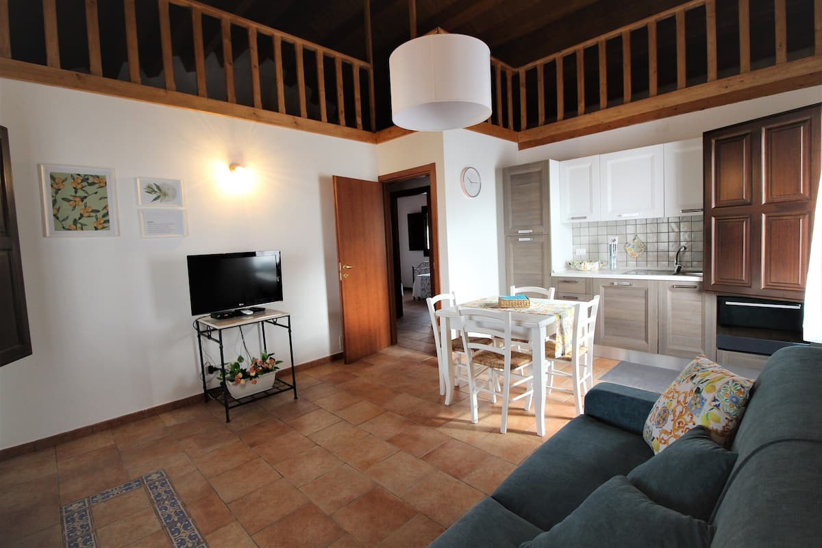 A living room with a sofa, TV, dining table, and chairs. There is a kitchen in the background with cabinets and a sink.