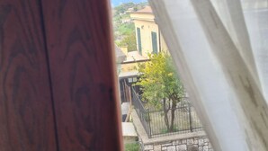 Vista a través de una ventana con marco de madera y cortina translúcida, que da a un barrio residencial con casas, un árbol y un muro de piedra.