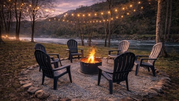 Un foyer extérieur entouré de quatre chaises Adirondack, installé sur une surface de gravier, avec une rivière et une forêt en arrière-plan.