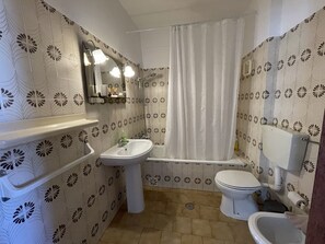 Hair dryer, bidet, towels, soap
