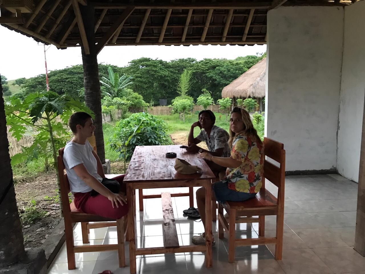 Un espacio de estar al aire libre techado, con una mesa y sillas de madera, rodeado de vegetación y una estructura de techo de paja.