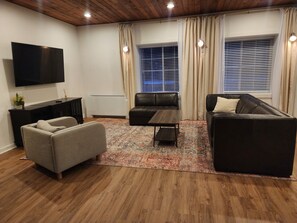 Smart TV, fireplace, books