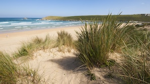 Une plage avec des dunes de sable et de l’herbe.