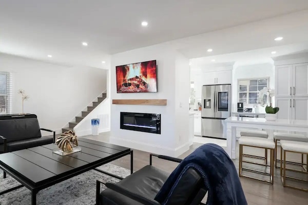 Smart TV, fireplace, books, printers