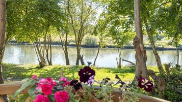 A serene lakeside view with trees and flowers.