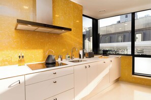 Family Studio with Terrace | Private kitchen | Fridge, microwave, oven, stovetop