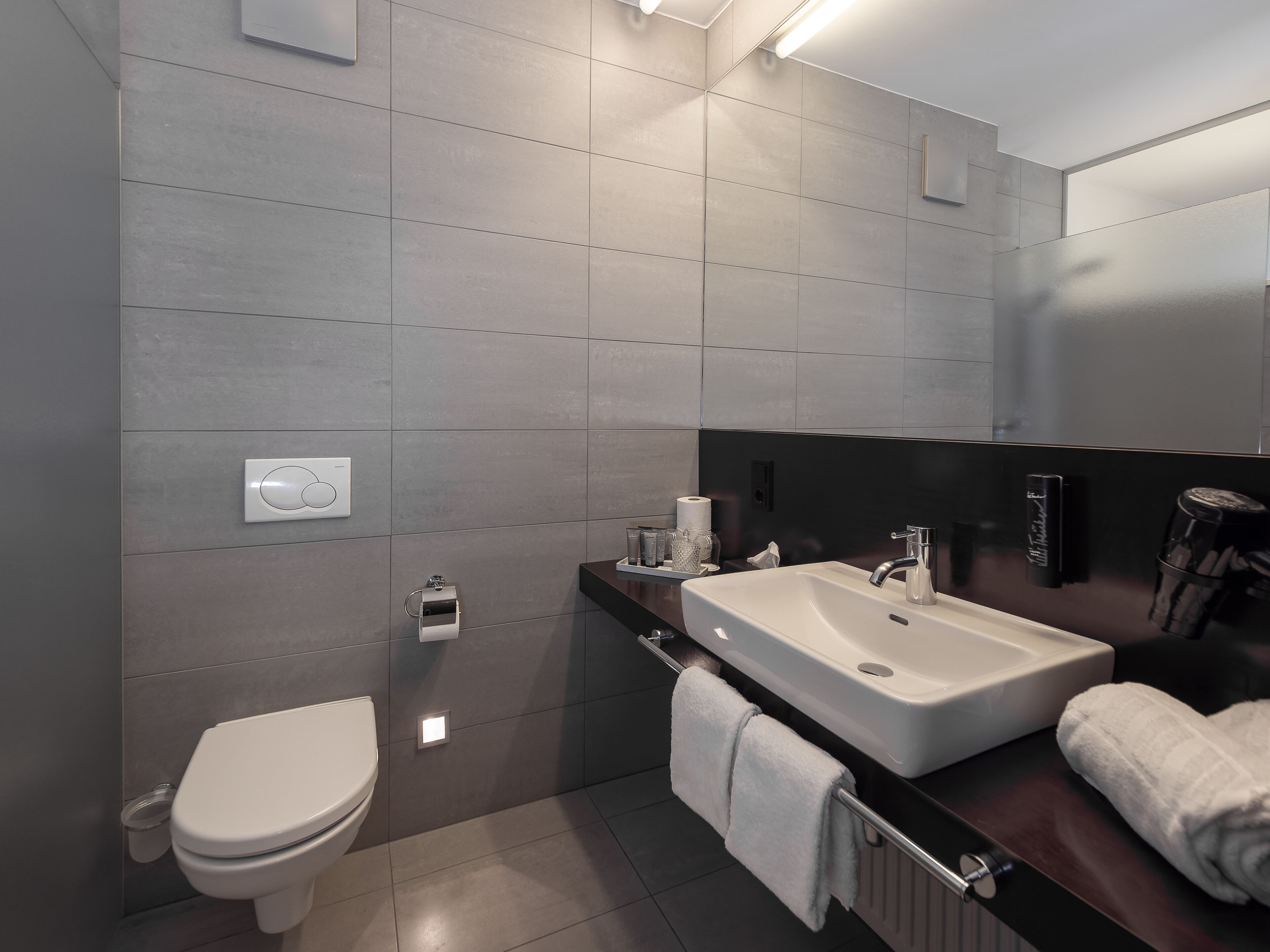 A modern bathroom with a white toilet, a large sink, and a mirror.