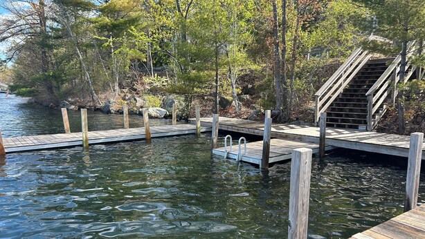 Un muelle de madera se adentra en una masa de agua tranquila, rodeado de árboles y una escalera de madera que baja hacia el agua.