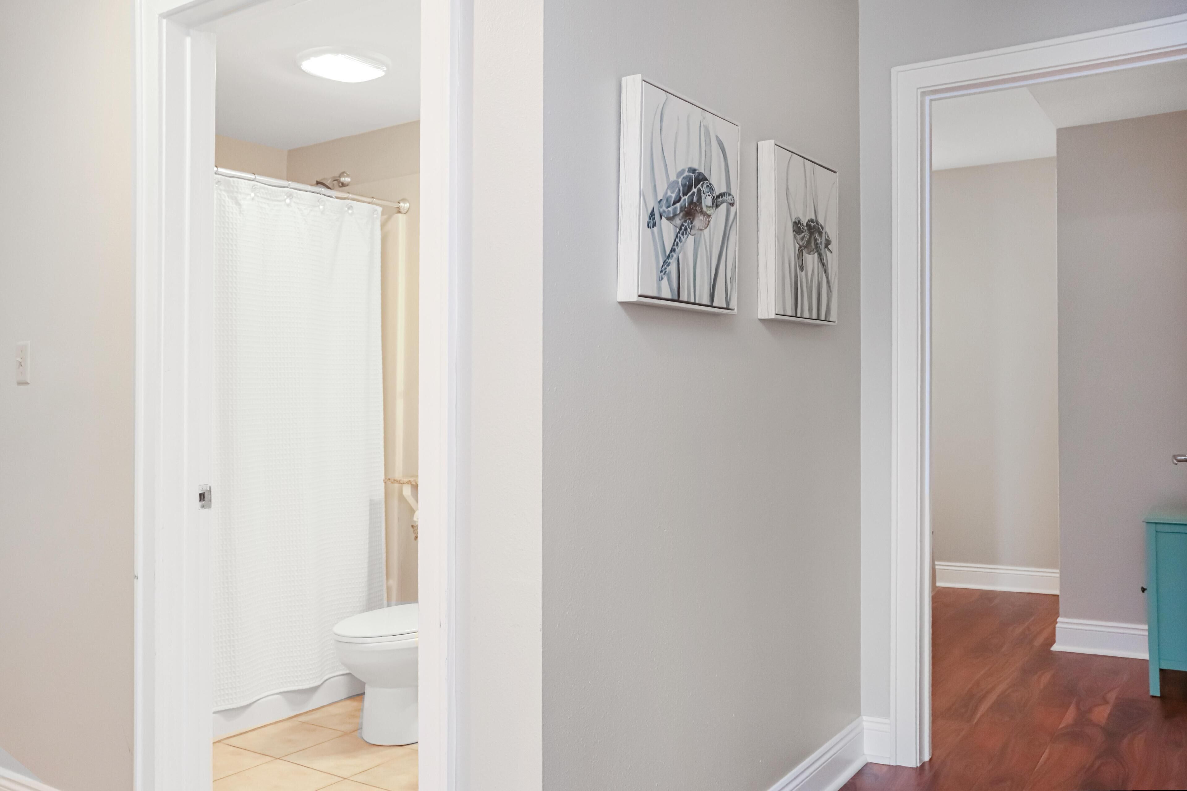 A hallway with a white door leading to a bathroom with a white toilet and a shower curtain. There are two framed pictures on the wall.