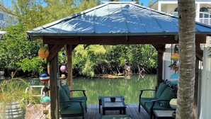 A covered outdoor patio with wooden furniture and a view of a water body.