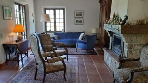A living room with a fireplace, two sofas, and patterned rugs. - Prachtige villa met privézwembad (Fayence)
