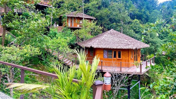 A bungalow with a thatched roof, surrounded by lush greenery and other similar bungalows. - Sinai Bungalow & Hotel SaPa (Sa Pa)