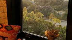 Ein Fenster mit Blick auf einen Garten, eine Ziegelmauer und ein Sofa mit gemusterten Kissen.