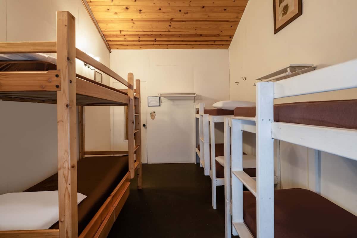 Un dormitorio con literas, una puerta y un ventanal pequeño.