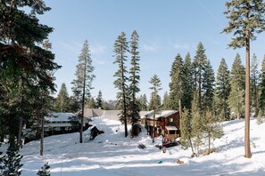 Una cabaña rodeada de altos pinos, con suelo cubierto de nieve y cielo despejado.