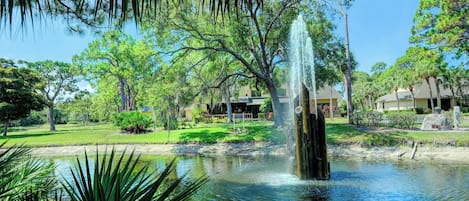 A tranquil pond with a central fountain, surrounded by lush greenery and trees.