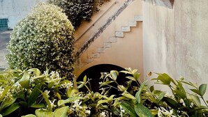 Un edificio con escaleras y vegetación.