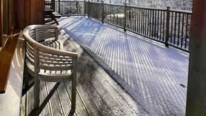 En træterrasse med gelænder, en stol og udsigt til sneklædte træer og bjerge.