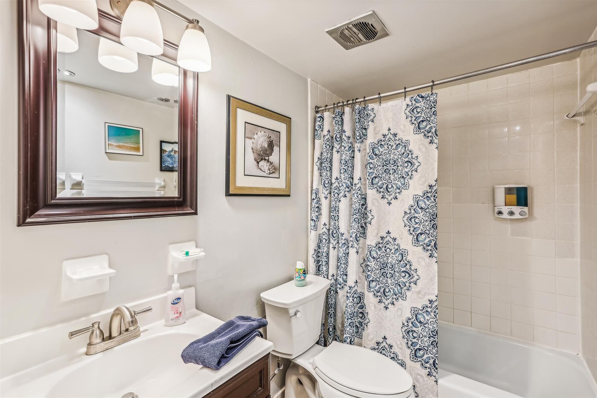 Hair dryer, towels, soap, shampoo