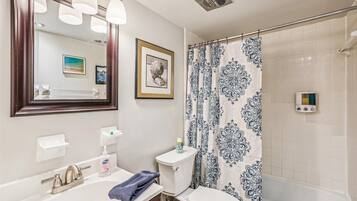 Hair dryer, towels, soap, shampoo