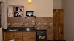 Cocina compacta con un lavamanos, microondas y refrigerador. Incluye un armario de madera y una lámpara colgante.