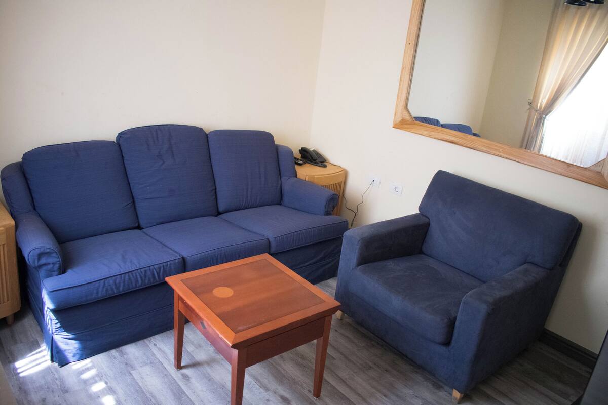 A living room with a blue sofa, a wooden coffee table, and a blue armchair.